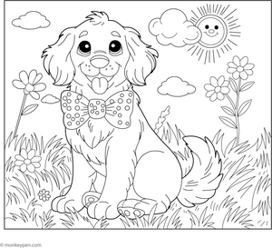 Golden Retriever with a Bow Tie coloring page – free printable for kids to color and enjoy