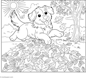 Golden Retriever in Autumn Leaves coloring page – free printable for kids to color and enjoy