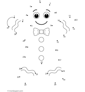 Children’s dot-to-dot worksheet illustrating a smiling gingerbread man with buttons, ready to be colored