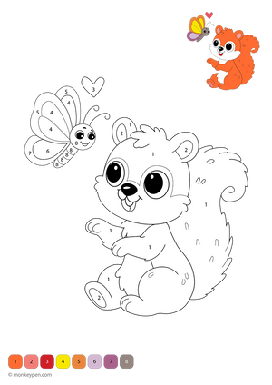 Free downloadable color-by-number worksheet featuring a playful squirrel and a butterfly in a woodland setting—kids can follow numbered sections to color this relaxing nature scene while building number and color recognition skills.