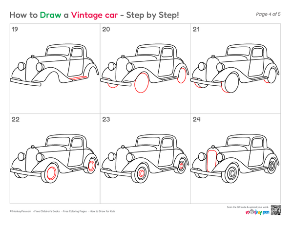 Simple vintage car drawing for kids with classic details.