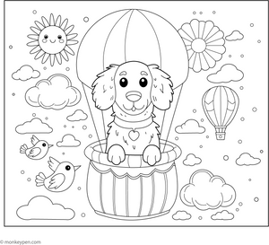 Golden Retriever in a Hot Air Balloon coloring page – free printable for kids to color and enjoy