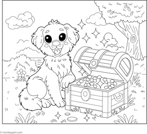 Golden Retriever with a Treasure Chest coloring page – free printable for kids to color and enjoy