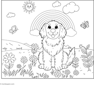 Golden Retriever and a Rainbow coloring page – free printable for kids to color and enjoy
