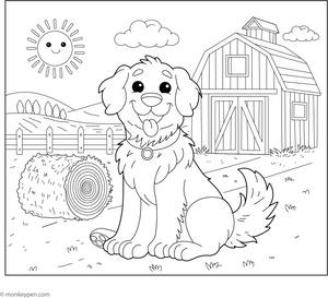 Golden Retriever on a Farm coloring page – free printable for kids to color and enjoy