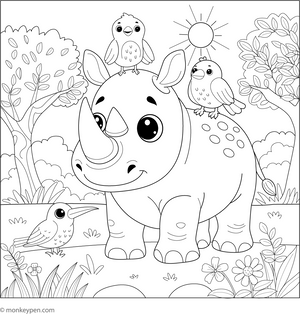 Rhino and Bird Friends coloring page – free printable for kids to color and enjoy