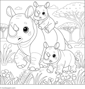Rhino Family coloring page – free printable for kids to color and enjoy