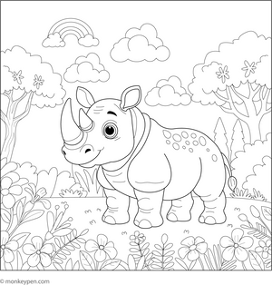 Rhino in a Jungle coloring page – free printable for kids to color and enjoy