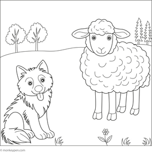 Sheep and a Shepherd Dog coloring page – free printable for kids to color and enjoy