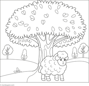 Sheep under a Tree coloring page – free printable for kids to color and enjoy
