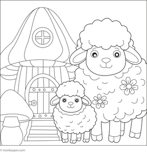 Sheep and a Mushroom House coloring page – free printable for kids to color and enjoy