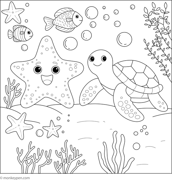 Starfish and a Sea Turtle coloring page – free printable for kids to color and enjoy
