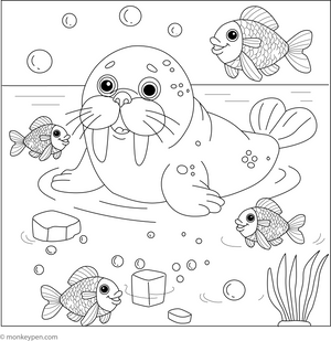 Walrus with Fish Friends coloring page – free printable for kids to color and enjoy