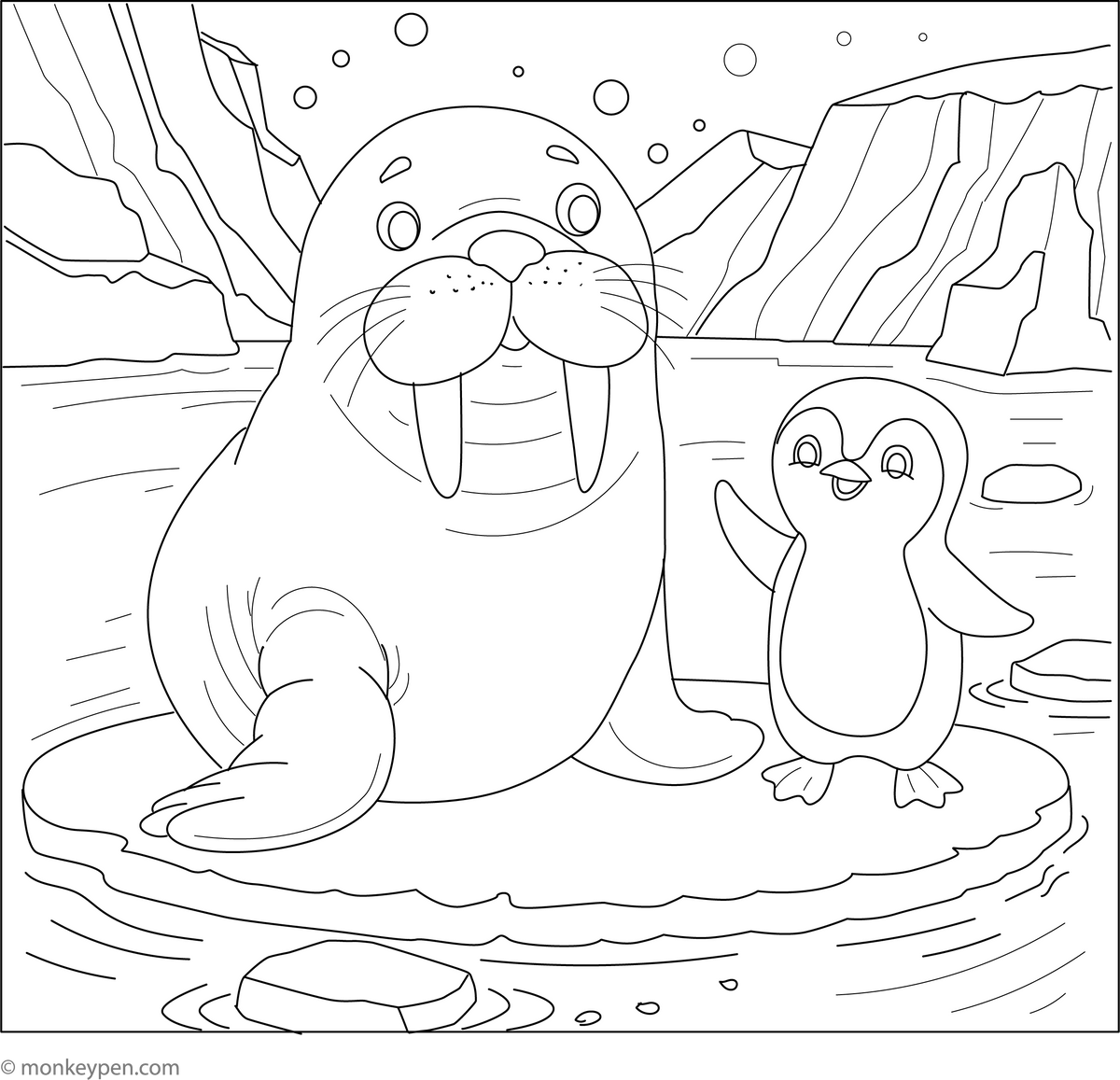 Walrus and Penguin Coloring Page – Free Printable for Kids