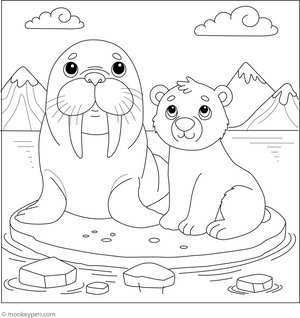 Walrus with a Polar Bear coloring page – free printable for kids to color and enjoy