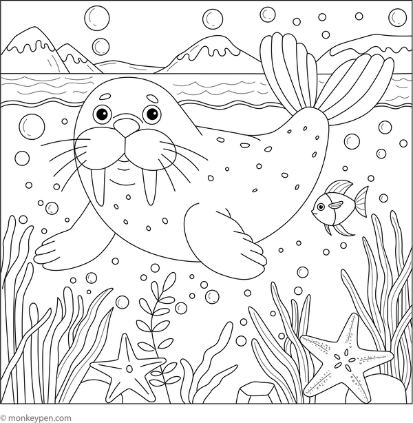 Walrus Underwater Adventure: A diving walrus exploring icy waters with sea stars and seaweed. coloring page – free printable for kids to color and enjoy