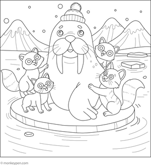 Walrus with Arctic Fox Friends coloring page – free printable for kids to color and enjoy