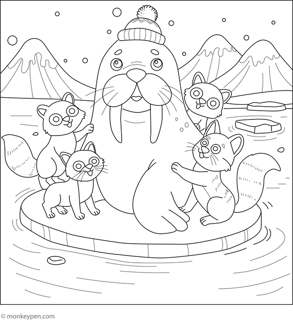 Walrus with Arctic Fox Friends coloring page – free printable for kids to color and enjoy