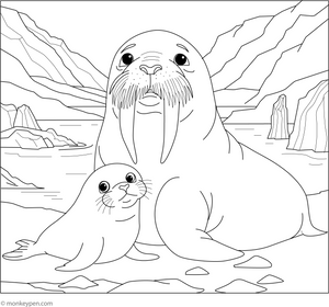 Walrus and a Friendly Seal coloring page – free printable for kids to color and enjoy