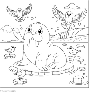 Walrus and Arctic Birds coloring page – free printable for kids to color and enjoy