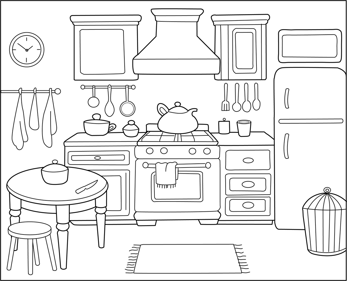 Kitchen Coloring Page - Printable PDF for Kids