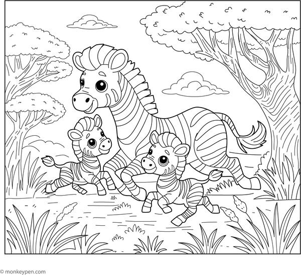 Playful Zebra Family coloring page – free printable for kids to color and enjoy