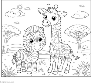 Zebra and Giraffe Friends coloring page – free printable for kids to color and enjoy