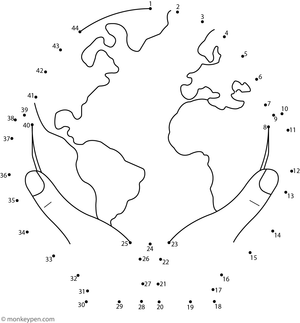 Children’s dot-to-dot worksheet depicting a hand holding the Earth, designed for connecting and coloring