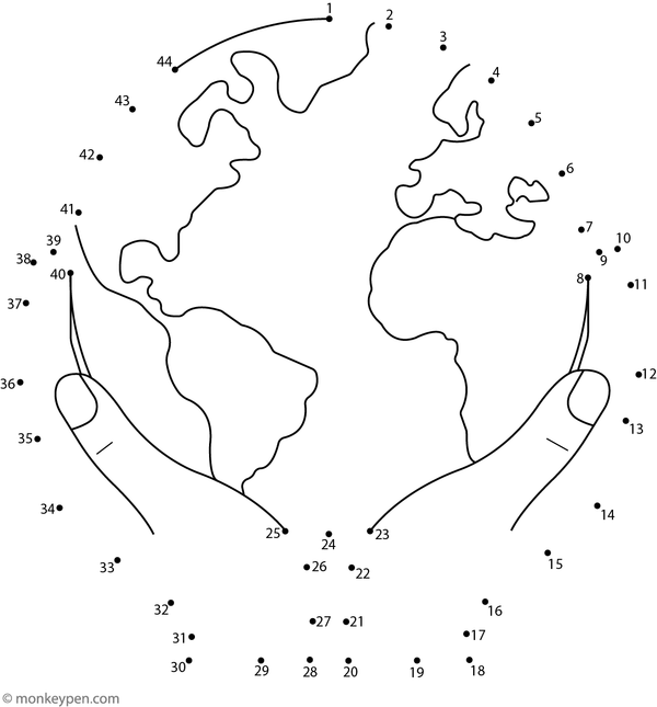 Children’s dot-to-dot worksheet depicting a hand holding the Earth, designed for connecting and coloring