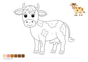 Free downloadable cow color-by-number worksheet featuring a friendly farm cow with numbered sections on its spots, ears, and udder—great for helping kids build number skills through fun, animal-themed coloring.