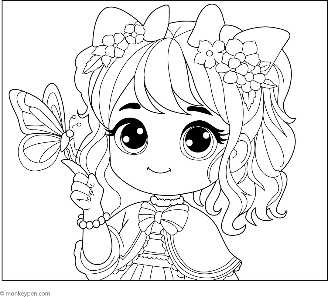 Cute Girl And Butterfly Coloring Page