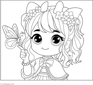 Cute Girl and Butterfly Coloring Page