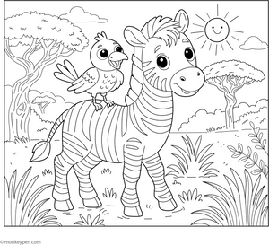 Zebra and a Bird Friend coloring page – free printable for kids to color and enjoy