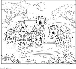 Zebra Drinking from a Waterhole coloring page – free printable for kids to color and enjoy