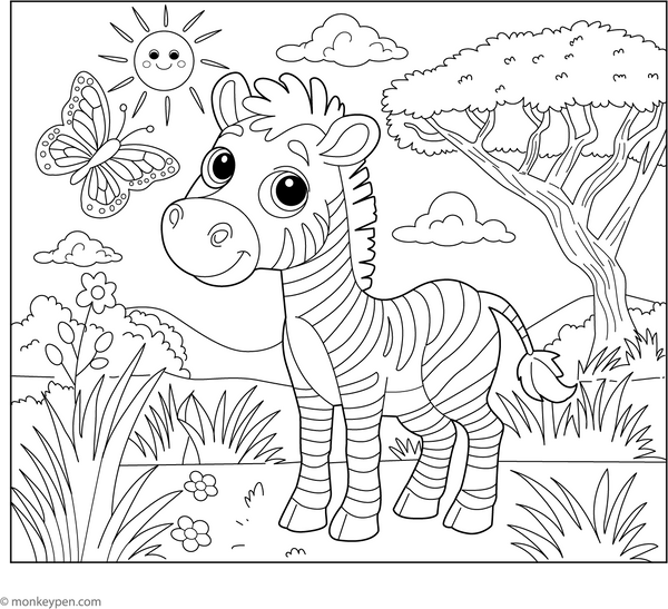 Zebra and a Butterfly coloring page – free printable for kids to color and enjoy