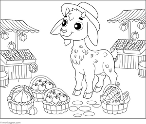 Goat at a Village Market coloring page – free printable for kids to color and enjoy