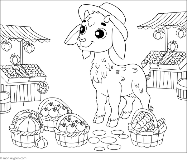 Goat at a Village Market coloring page – free printable for kids to color and enjoy
