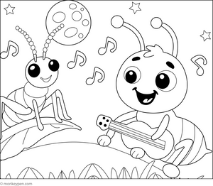 Ant and Singing Cricket Colouring Image for Childen