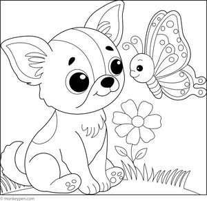 Printable Chihuahua and the Butterfly Colouring Image