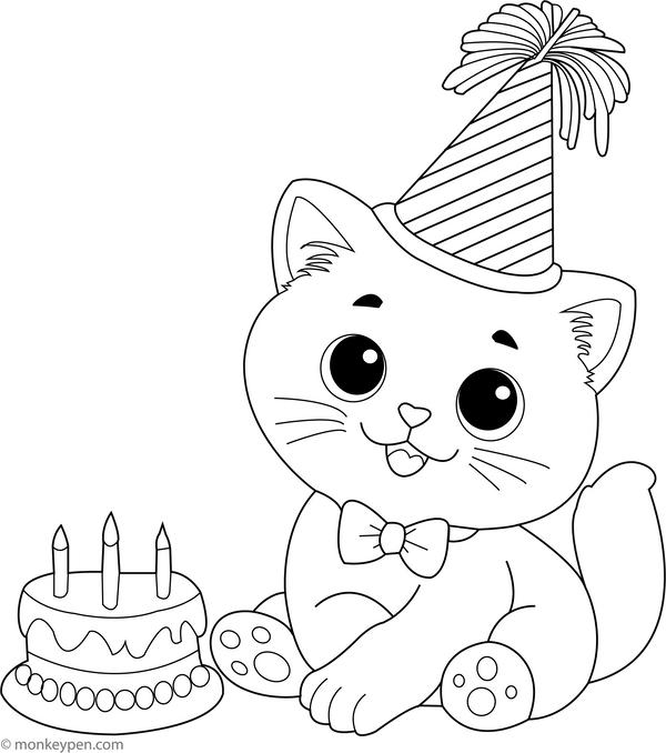 Kitten with Birthday Hat | Free Coloring Pages