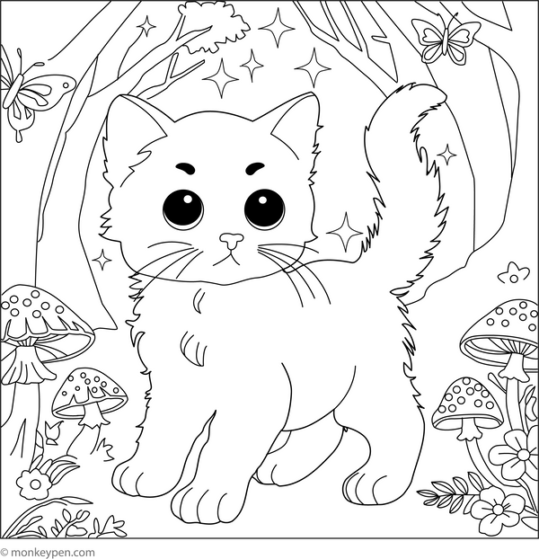 Kitten in Magical Forest | Free Coloring Pages