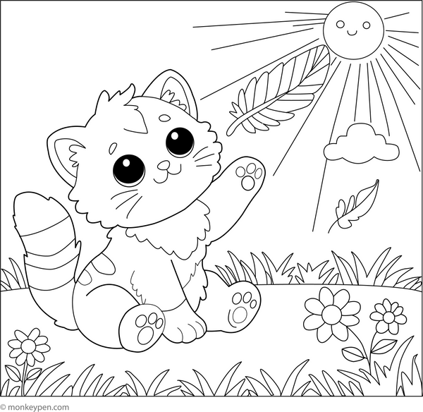 Kitten with Feather Toy| Free Coloring Pages