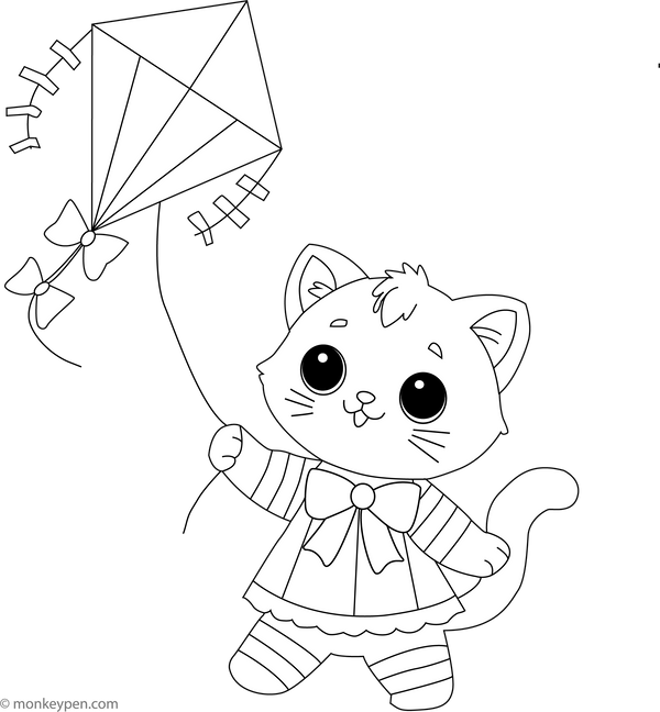 Kitten with Kite | Free Coloring Pages
