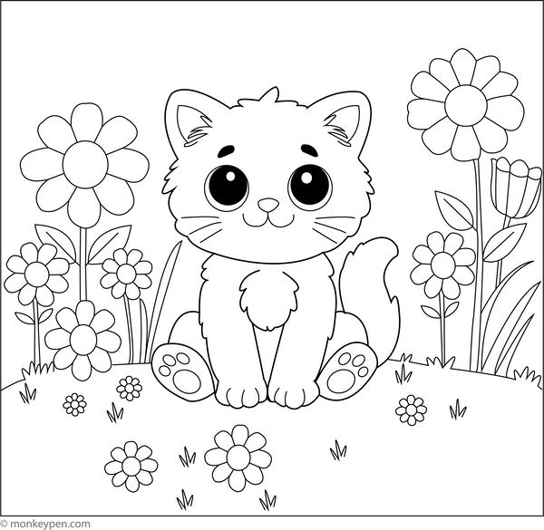 Kitten in Flower Garden | Free Coloring Pages