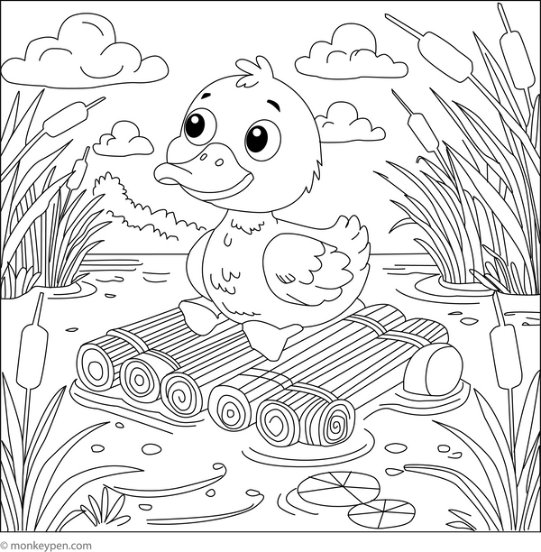 Duck on a Raft | Free Coloring Pages