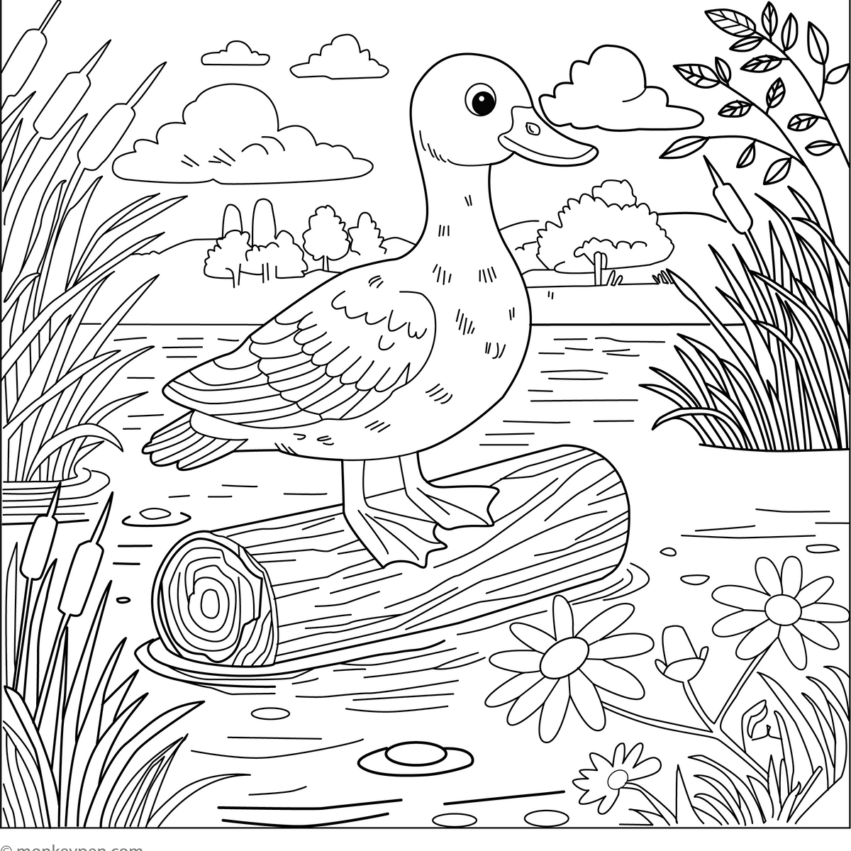 Duck on a Log | Cute Nature-Themed Coloring Page for Kids
