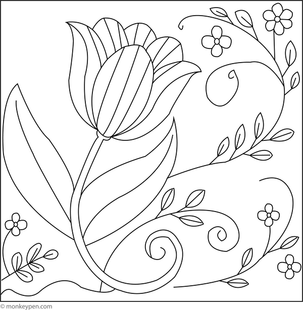 Tulip in Swirling Vine | Free Coloring Pages