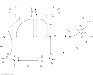Connect-the-dots worksheet depicting a cartoon helicopter with rotor blades, designed for children to assemble and color.