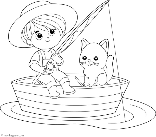 Kid Fishing Coloring Page