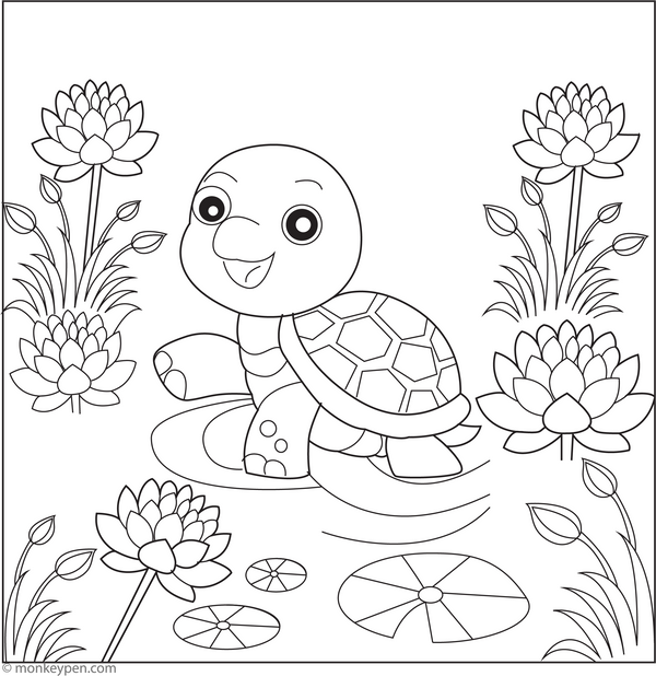 Turtle and the Lotus Pond | Free Coloring Pages